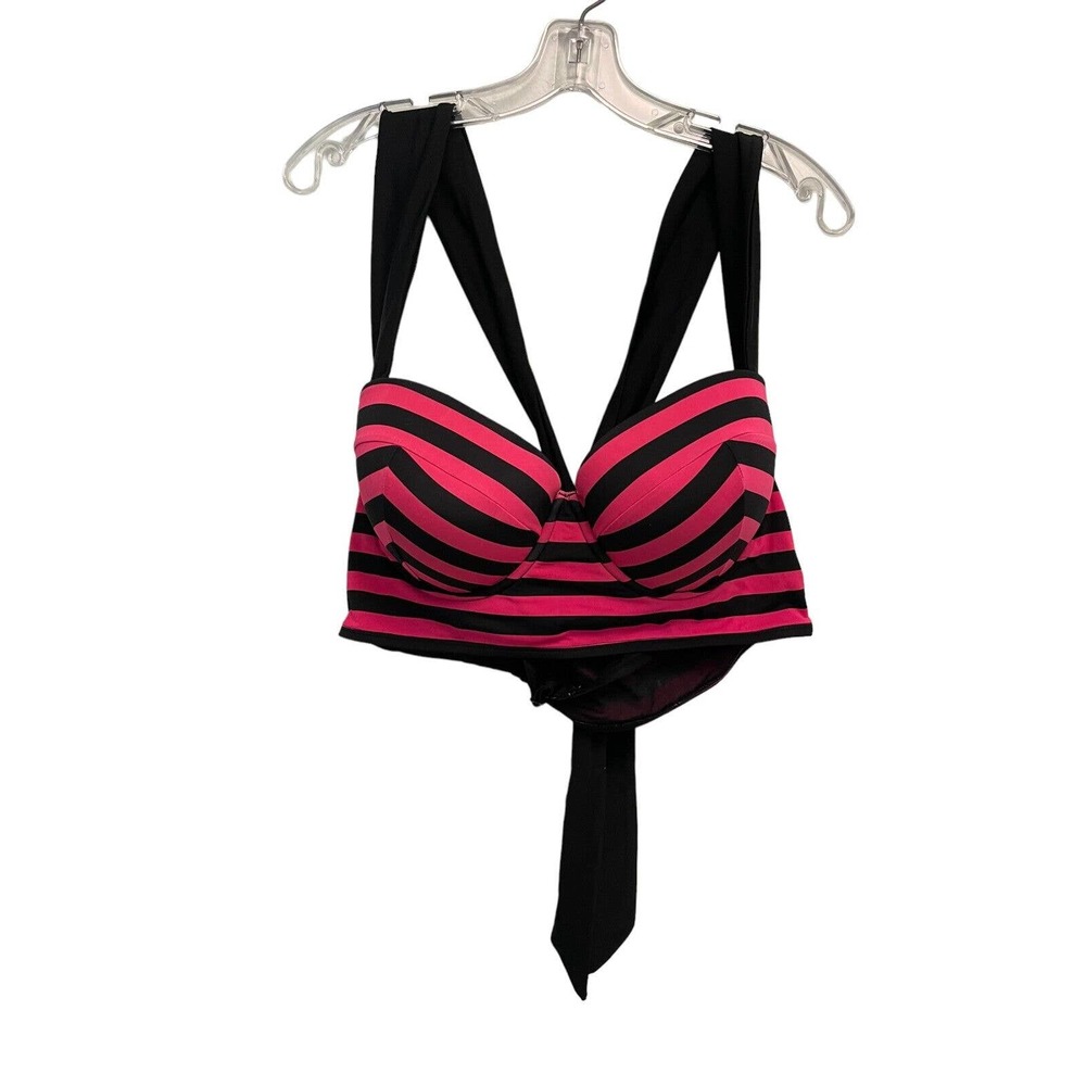 Torrid Halter Bikini Top Womens 2X Black Pink Striped Built in Bra Beach READ